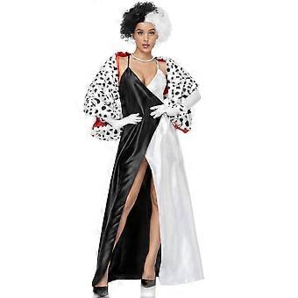 Halloween Et Hundrede og En Dalmatinere Cruella Cosplay Kostume Cruella de Vil Kjole Sjal Sæt til Kvinder (M Med Paryk Sæt)
