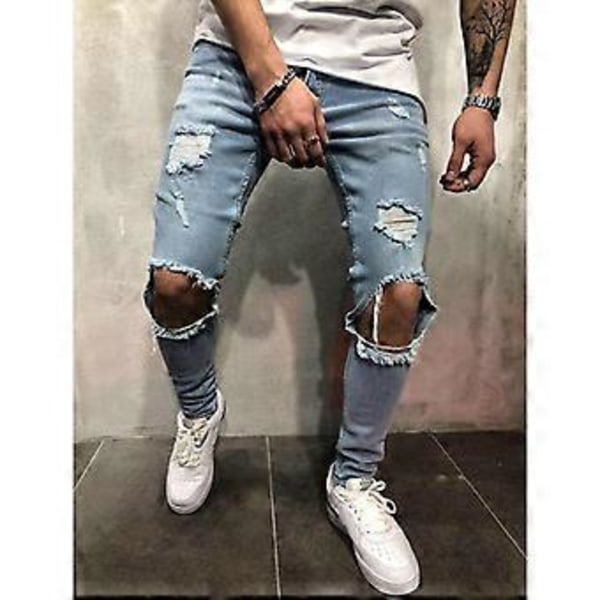 Herr Jeans Nya Trasiga Slim-Fitting Herrkläder Byxor Herrkläder Skinny (XXXL ljusblå)
