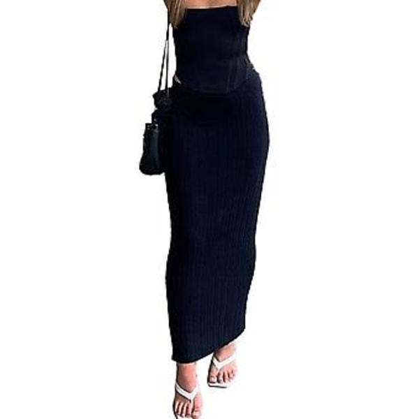 Sommer Strik Lang Nederdel Kvinder Sexet Cover-Up Midi Nederdele Lav Talje Gennemsigtig Ny(M Sort)