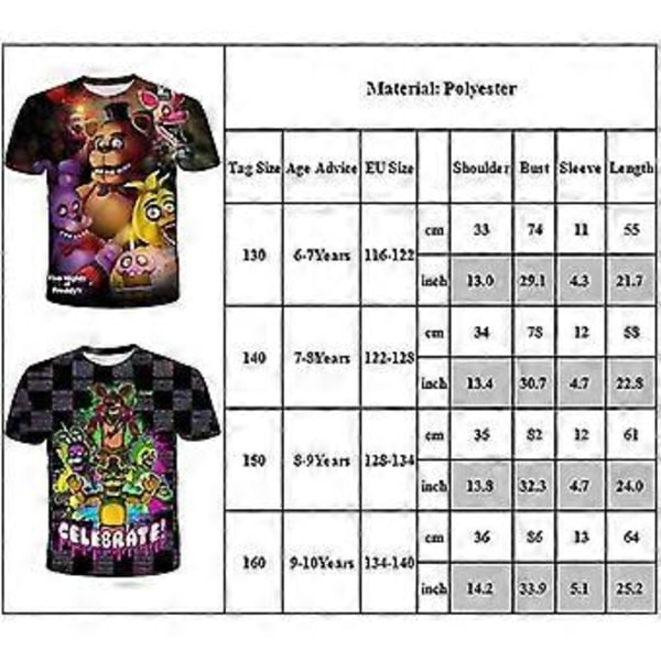 FNAF Five Nights at Freddy's 3D-tryck Barn Kortärmad T-shirt Casual Toppar Pojkar Flickor Sommar T-shirts Blus Kläder (7-8 År A)