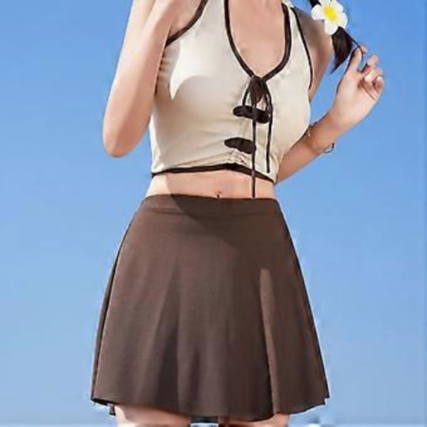 Dame To-delt Badedragt, Halterneck Bikinis Crop Top og Nederdel Bikinis Underdele med Shorts, Badedragt Kaffefarve M(M Kaffefarve)