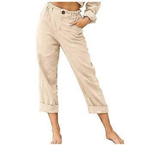 Linne Croppade Lös Passform Bomull Dam Capri Byxor Casual Kvinnor Crop Capris Elastisk Midja Sommar (L Khaki)