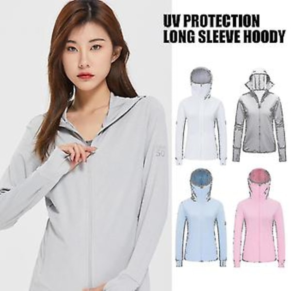 Sommerjakke med UV-beskyttelse UPF 50+ til kvinder og mænd - Solbeskyttende, åndbar, med hætte, til fiskeri, sport, cykling -c (XL pink til kvinder)