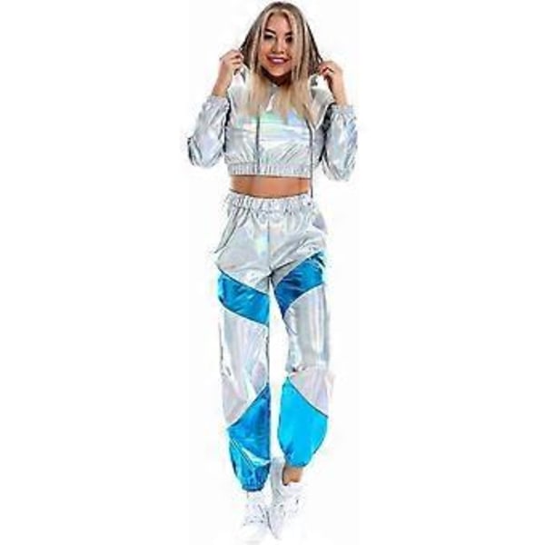 Rave-antrekk for kvinner, skinnende crop top-hettegenser, metallisk fritidsbukse, hettegenser-treningsgenser, discodanse-klubbantrekk (XX-Large Holographic Silver)