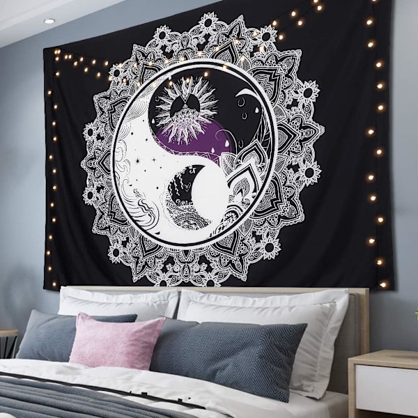 Psykedeelinen aurinko- ja kuutapestry Yin Yang H -seinävaate