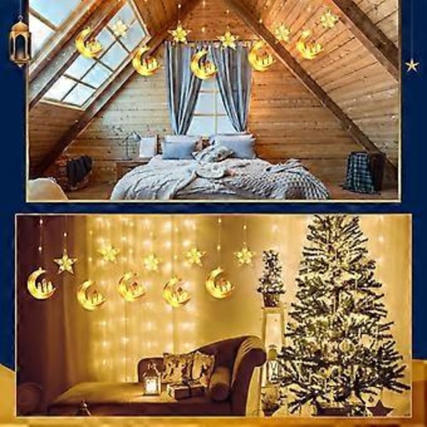 95 LED Ramadan-ljusslingor Dekorationer LED Stjärna Måne Gardinlampor för Sovrum Hem Utomhus Eid-lampor med USB-fjärrkontroll 8 Belysningslägen Eid