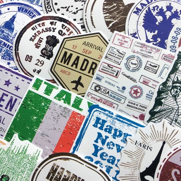 Vintage rejsepostmærke-klistermærkepakke med kuffert med 60 ark klistermærker