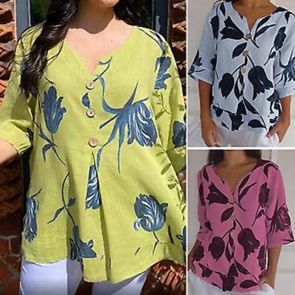 Naisten kesämekko V-kaula-auksella ja nappeilla, 3/4 hiha, kukallinen printti, löysä istuvuus, pusero, katutyyli (2XL Keltainen)