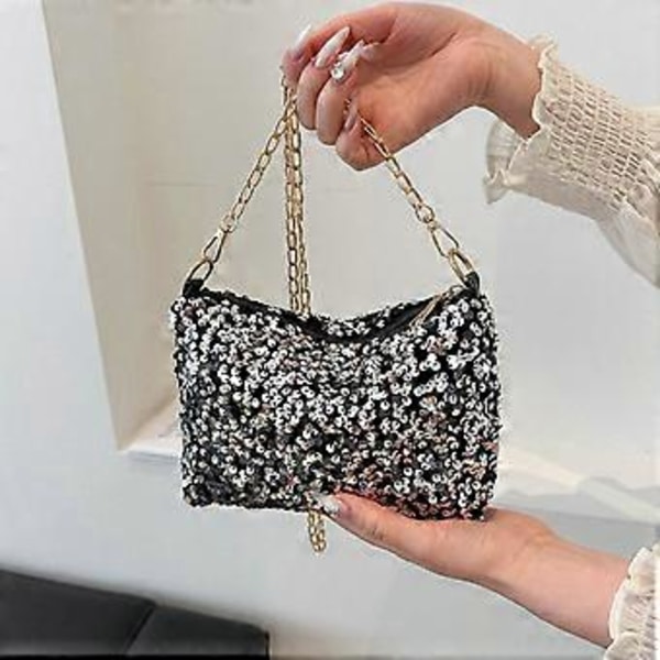 Fashion Kedjerem Crossbody Väska för Kvinnor Paljett Axelväska Liten Fyrkantig Väska Enkla Budbärarväskor för Fest Svart( Svart)