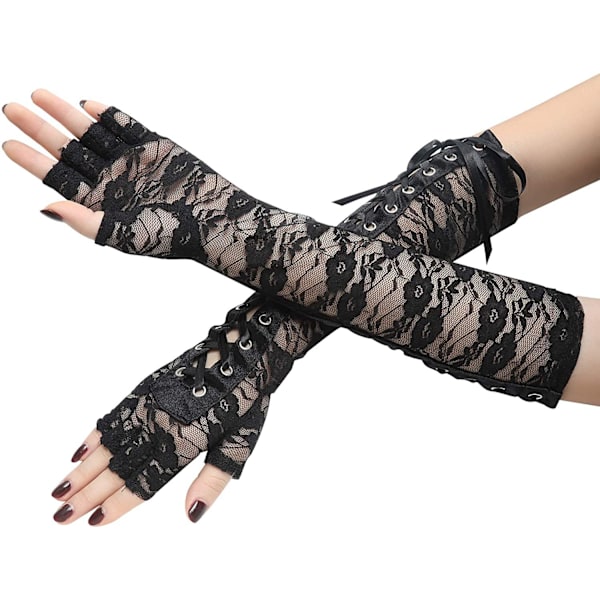 Spetsade Fingerlösa Handskar Långa Armbågshandskar för Kläder Fest La*