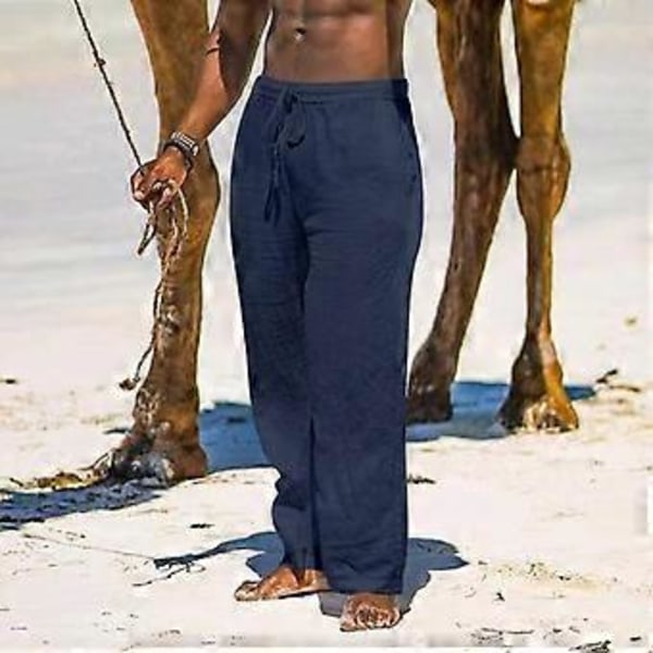 Herre Sommer Åndbare Hør Bukser Letvægts Yoga Strand Bomuld Hør Ensfarvede Bukser Løse Casual (XL marineblå)