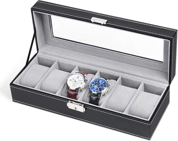 6 Slots Læder Urboks Display Box Organizer Glas Smykkeopbevaring