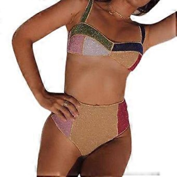 Højtaljet Bikini Dame Badedragt Kontrastfarve Patchwork Badetøj Kvinde Flash Badedragt Strandtøj Svømmedragt S(S )