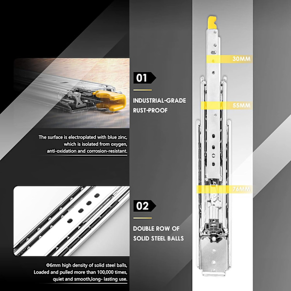 400mm raskaat laatikon liukukiskot, 760mm leveys, lukitustoiminnolla, kantavuus jopa 220kg, 1 pari