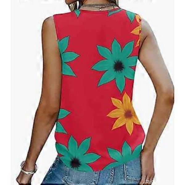 Dam Blommig Volang-V-ringad Tanktopp Lättvikts Trendig Sommar Ärmlös Blusar Linne Casual Lösa T-shirts Rosa XL(XL Rosa)