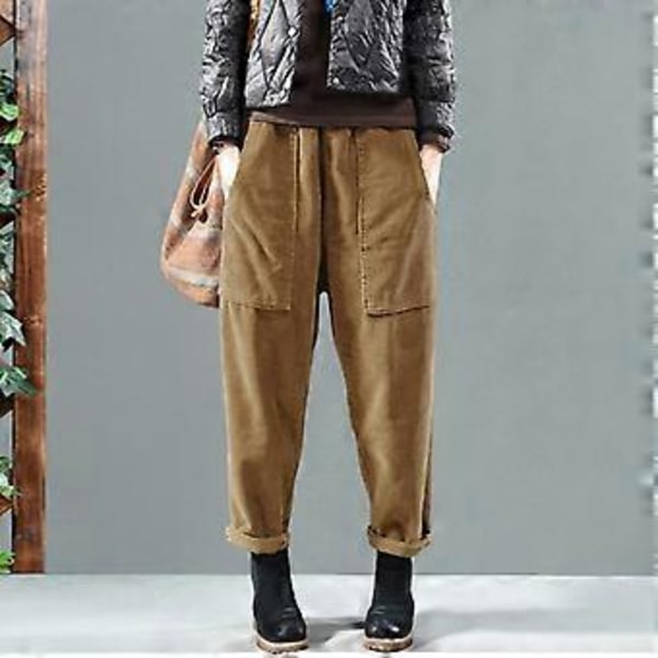ZANZEA Casual Løs Elastisk Midje Cordfløyelsbukser Vår Høst Harem Bukser (2XL khaki)