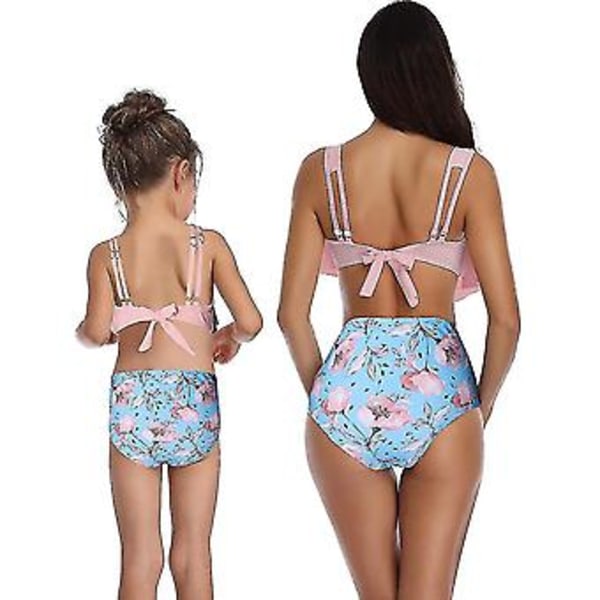 Flickbaddräkt Tvådelad Bikini Set Volang Falbala Badkläder Baddräkter-e( Rosa Blomma)
