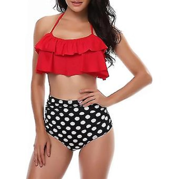Flickbaddräkt Tvådelad Bikini Set Volang Falbala Badkläder Baddräkter-e( Röd)