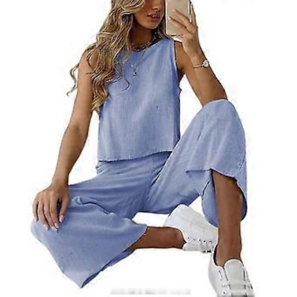 hmwy-dam loungewear ärmlös linne breda ben långbyxor set (XL Ljusblå)