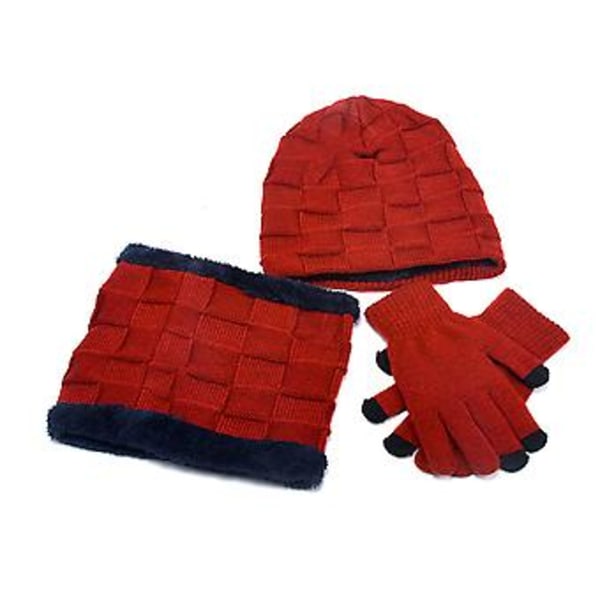 Vintermössa, Halsduk och Vantar Set i Fleece för Barn, Stickad Tjock Varm Mössa Halsvärmare för Pojkar Flickor 4-15 År (Vinröd)