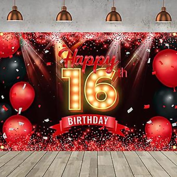 Onnellinen 16. syntymäpäiväkoristeet Musta ja Punainen 16. syntymäpäivätausta Sweet Sixteen Syntymäpäivätausta Juhlatarvikkeet Tytöille Pojille Sisä- ja Ulkokäyttöön
