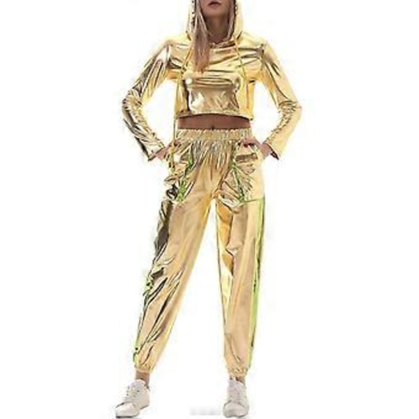 Naisten Rave-asu Kiiltävä Crop Top Huppari Metallinhohtoiset Rento Pitkät Housut Hupullinen Treenauscollegepusero Disco-tanssiasu(XX-Large Kulta -Fluoresoiva Vihreä)