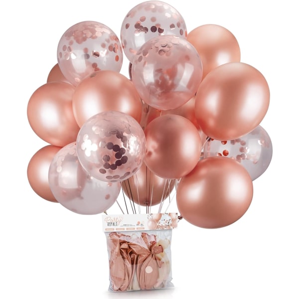 24 stk roségullballonger og roségullkonfettiballonger store