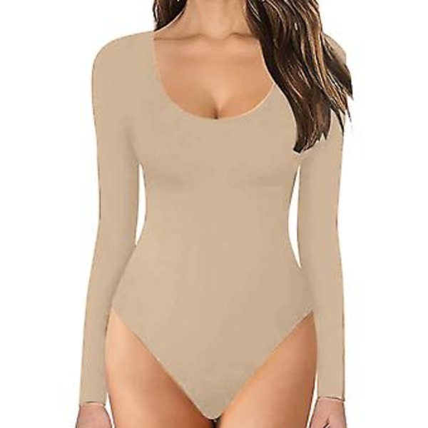 Dame Crew Neck Langærmet Bodysuit, Dobbeltforet, Smørblød, Essentiel Basic Top (L Khaki)