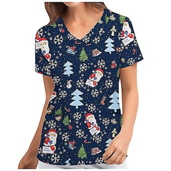 Jule-Sygeplejerske Uniform Scrub Kortærmet T-shirt Jule-Blouse Tee Tops V-Hals (S Blå)