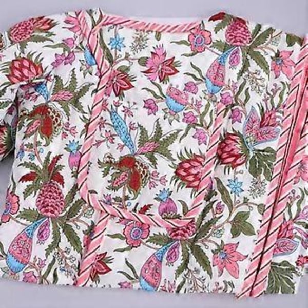 Blomsterprintet Quiltet Løs Bomuldstøj Dame Stand Up Krave Langærmet Varm Jakke Pendling Bomuldstop Retro Stil Efterår og Vinter (M)