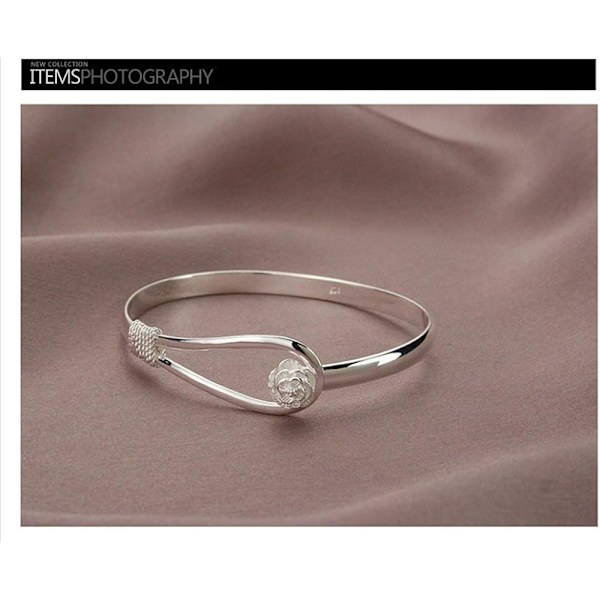 Elegant Clip-On Button Kvinners Sølv Armbånd Floral Design Silve