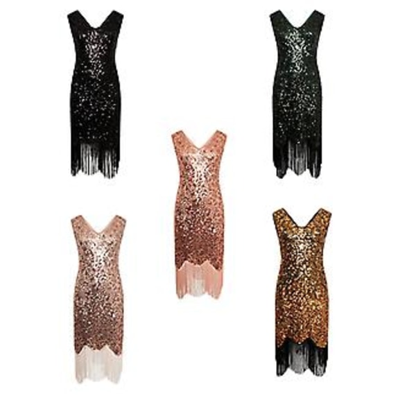 1920-tals Flapper Klänning V-ringad Paljettprydd Pärlbroderad Klänning Ryta 20-tals Gatsby Frans Klänning för Fest (S Svart-Guld)