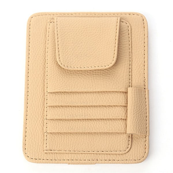 (Beige) Bil Solskydd Organizer, Universal Bil Glasögon Hållare Clip med Läder Förvaringsfack Bil