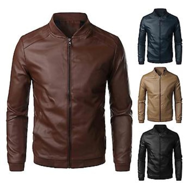 Fianao Herrejakke Slim Stående Krave Glat Kunstlæder Forårsjakke Til Daglig Brug (4XL Brun)