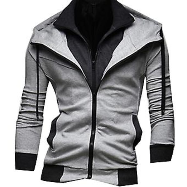 Fianao hettegenser myk varm fargeblokk menn langærmet hettegenser topp full-zip hettegenser (M lys grå)