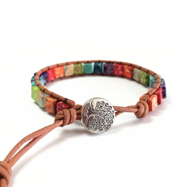 Chakra-armband med äkta ädelstenar, läder, boho, läkande yoga