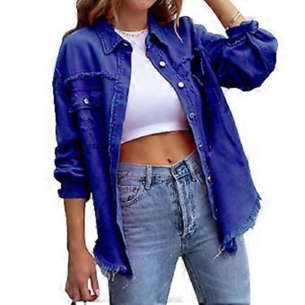 Løs Rippet Denimjakke Slitesterk Vellaget Hudvennlig Blazer For Vår Sommer Høst Daglig Bruk (2XL Blå)