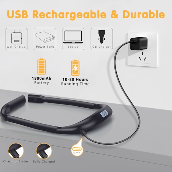 Halsleselampe, fleksibel USB-oppladbar LED-boklampe for