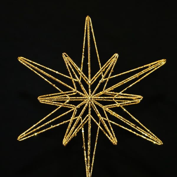 Juletretopplys, åttekantet stjerne med lys, smijernstjernetopp, gull Gold