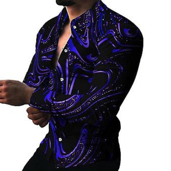 Fianao Mænds Skjorte Langærmet Vendbar Krave Farverig Print Enkeltbryst Sommer Top Mænd Clubwear (L Lilla)