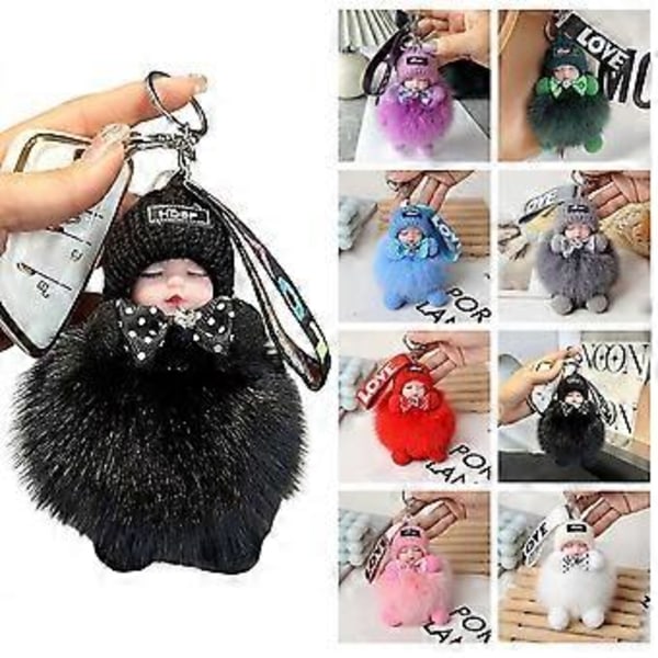 Sød Dukke Nøglering Sovende Sød Fuzzy Ball Vedhæng Mode Rygsæk Hængende Ornament til Børn Teenagere Voksne (Pink)