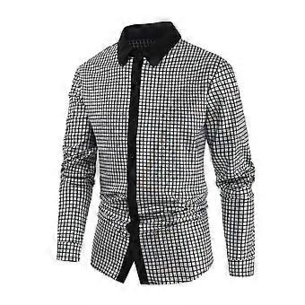 Herre Skjorte Langermet Geometrisk Knappelukking Lapel Skinnende T-skjorte (XL Sølv)