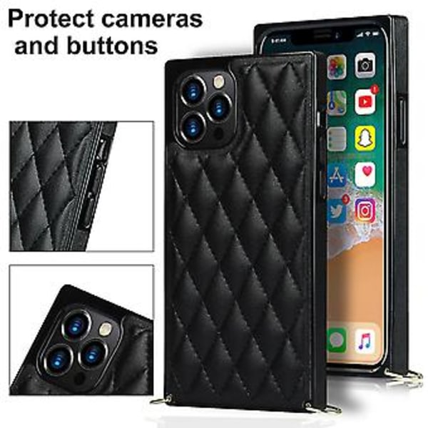 iPhone 14-fodral med kedja i PU-läder Datura Diamond Lattice (Svart)