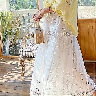 Mode Dame Sommer 2023 Afslappet Farve Broderet Tiered Maxi Nederdel (Hvid)
