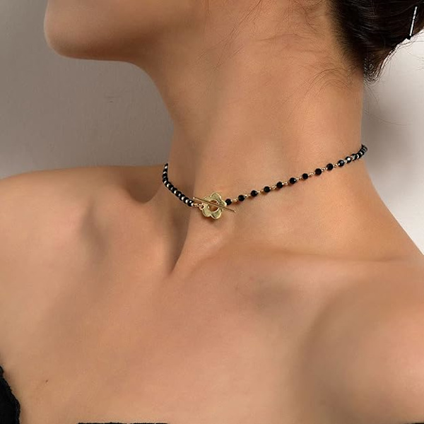 Svart(vit k) Guld Blomma Lariat Lås Halsband Frö Pärla Halsband