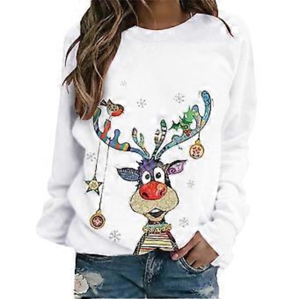 Jul Kvinder Farverig Elg Print Langærmet Sweatshirt T-shirt Casual Løse Skjorter Jul Rund Hals Pullover Jumper Toppe -NMAOV(M Hvid)