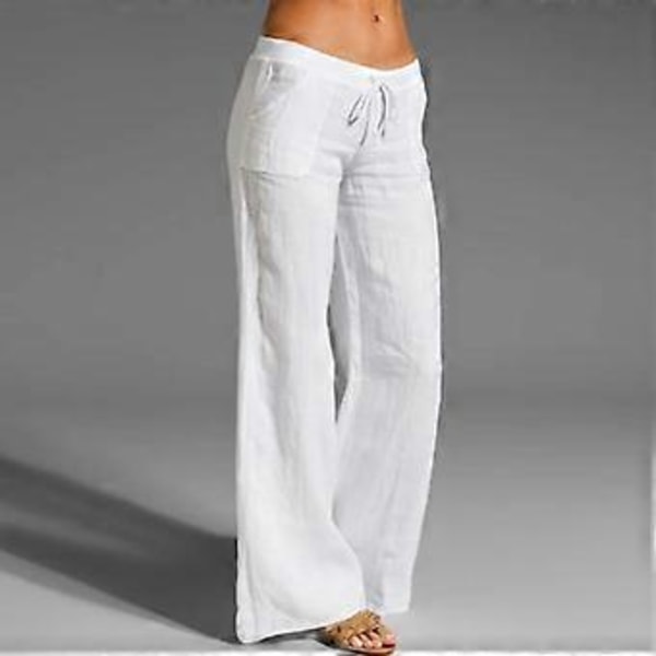 Dam Vår Sommar Bomull Linne Byxor Casual Elastisk Midja Vida Ben Mode Vita Svarta Byxor (XL vit)