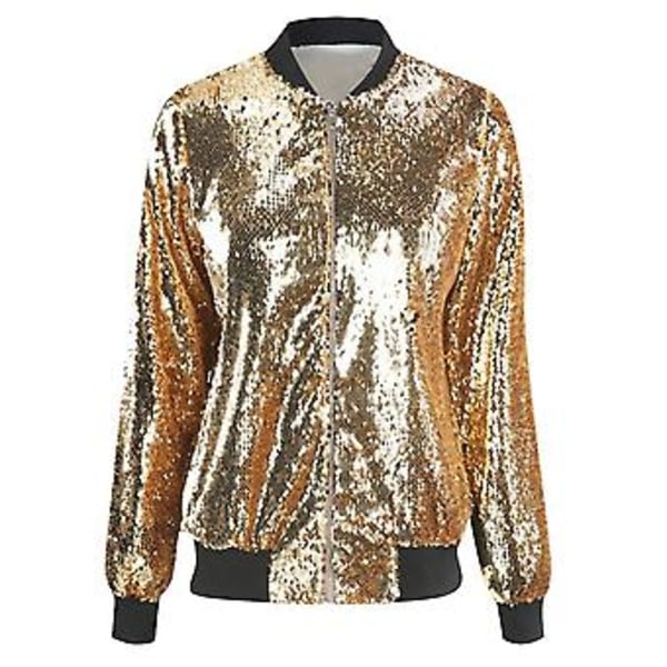 Jakke for kvinner med paljetter, lang erme, glidelås foran (2XL Gull)