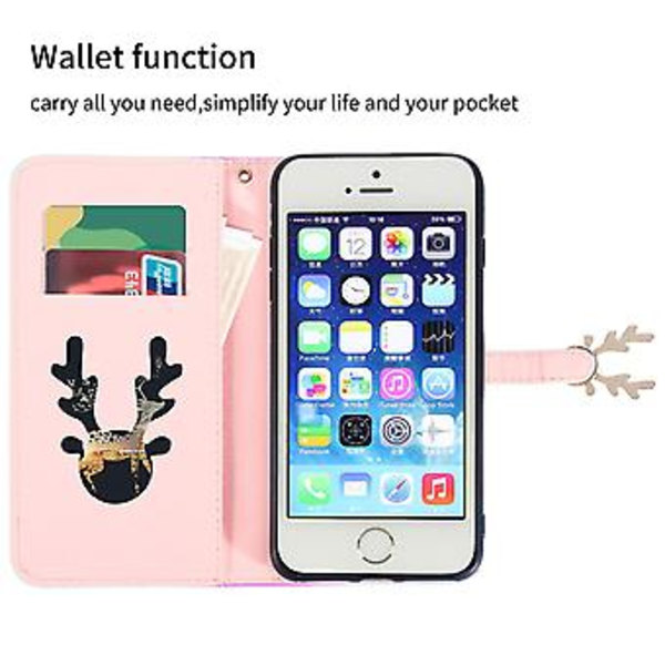 Telefonfodral med älgmönster för iPhone 5 5s SE med kortfack, snodd, PU-lädermaterial, plånboksfunktion, hörnfallskydd (lila grön)