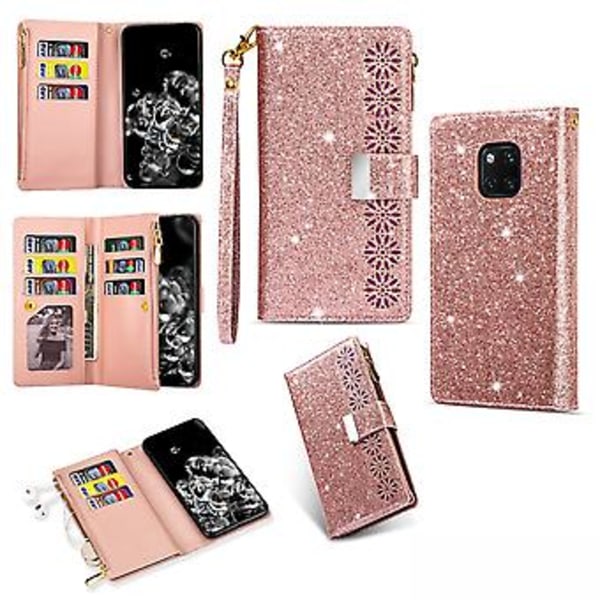 Glitter-fodral i läder med blixtlås för Huawei Mate 20 Pro (Roséguld)
